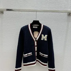 Dark Blue Miu Miu Women's V-Neck Cardigan  Embroidered "M" Logo  Textured Knit Design for Feminine Luxury  #B57741