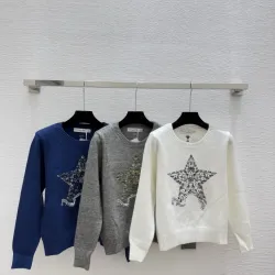 Dior Women's Authentic Luxury Cozy Knit Sweater with Intricate Sparkling Star Sequin Embellishment and Classic Crew Neck Design #B56278