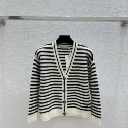Dior Women's Authentic Luxury Striped V-Neck Cardigan Knitwear Featuring Gold Accent Buttons and Elegant Monogram Logo Detail #B56279
