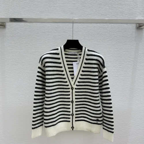 Dior Women's Authentic Luxury Striped V-Neck Cardigan Knitwear Featuring Gold Accent Buttons and Elegant Monogram Logo Detail #B56279