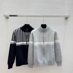 Dior Women's Luxury Houndstooth Knit Zip-Up Jacket Sweater Featuring Elegant Mock Turtleneck and Sophisticated Wool Blend Texture #B56285
