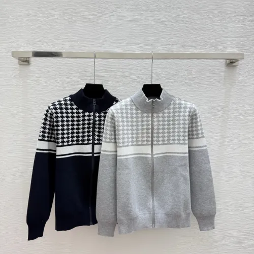 Dior Women's Luxury Houndstooth Knit Zip-Up Jacket Sweater Featuring Elegant Mock Turtleneck and Sophisticated Wool Blend Texture #B56285