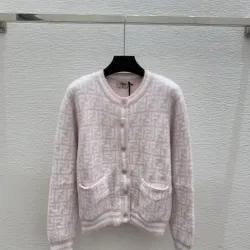 Fendi Women's Luxurious Fuzzy Knit Cardigan Featuring Pink and White FF Monogram and Contrast Trims #B56310