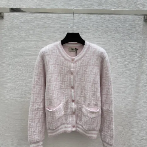 Fendi Women's Luxurious Fuzzy Knit Cardigan Featuring Pink and White FF Monogram and Contrast Trims #B56310