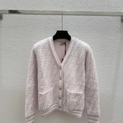 Fendi Women's Luxurious Fuzzy Knit Cardigan Featuring Pink and White FF Monogram and Contrast Trims #B56311