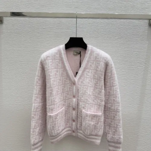Fendi Women's Luxurious Fuzzy Knit Cardigan Featuring Pink and White FF Monogram and Contrast Trims #B56311