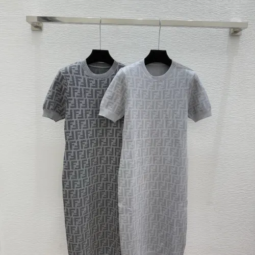 Fendi Women's Luxurious Short Sleeve Knit Dress  Featuring Iconic All-Over FF Monogram Jacquard and Elegant Midi Length #B56305