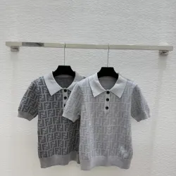 Fendi Women's Luxurious Short Sleeve Knit Polo Top Featuring Iconic FF Monogram Jacquard and Classic Contrast Collar. #B56304