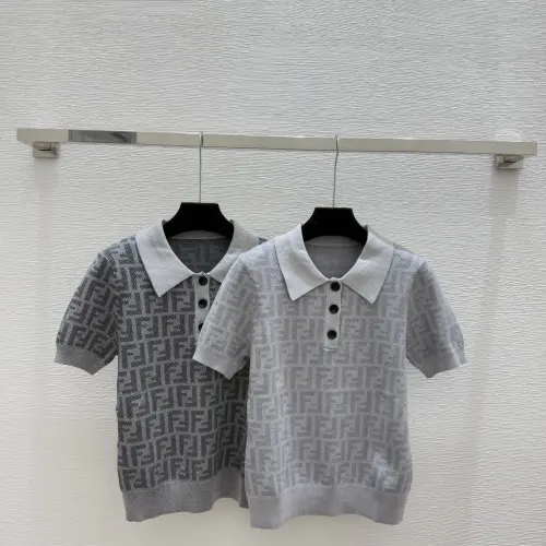 Fendi Women's Luxurious Short Sleeve Knit Polo Top Featuring Iconic FF Monogram Jacquard and Classic Contrast Collar. #B56304