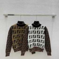 Fendi Women's Luxury High-Neck Sweater, Featuring Iconic All-Over FF Monogram Pattern and Cozy Fuzzy Knit Texture. #B56300