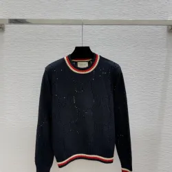 Gucci Women's Luxurious Sapphire Blue Knit Sweater  Featuring Signature Web Stripe Trims and Subtle Monogram Open Knit Detail. #B56291