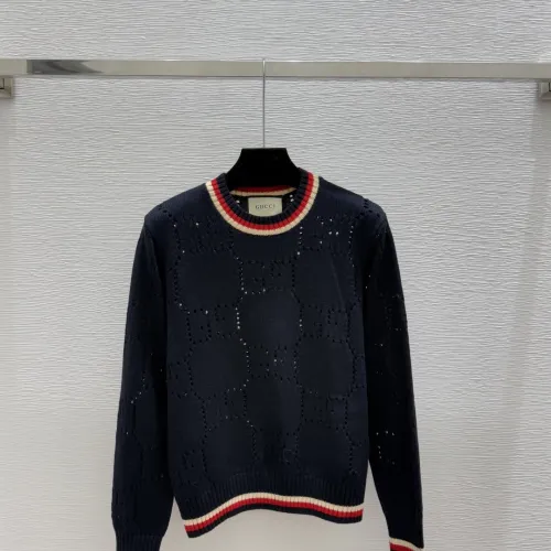Gucci Women's Luxurious Sapphire Blue Knit Sweater  Featuring Signature Web Stripe Trims and Subtle Monogram Open Knit Detail. #B56291