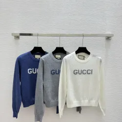 Gucci Women's Luxury Light Knit Monogram Sweater Featuring Bold Intarsia GUCCI Logo and Breathable Crew Neck Design #B56288