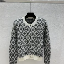 Louis Vuitton Women's Luxury Fuzzy Knit Cardigan  Featuring Iconic All-Over Monogram Jacquard and Cozy Crew Neck #B56295