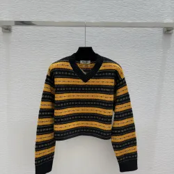 Miu Miu Women's Knitted Sweater  Vibrant Striped V   Neck Design with Intricate Patterns for Fashion   Forward Women #B56258 Miu Miu Women's Knitted Sweater  Vibrant Striped V   Neck Design with Intricate Patterns for Fashion   Forward Women #B56258
