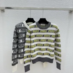Miu Miu Women's Striped Logo Knit Sweater  Featuring Bold Miu Miu Intarsia Pattern and Comfortable Crew Neckline #B56313