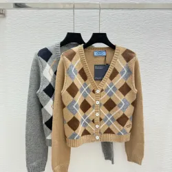 Prada Women's Argyle Cropped Cardigan with V-Neck and Button Front #B54520