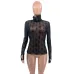 YSL European and American women's cross-border Amazon sexy see-through high-neck long-sleeved flocked high-quality top T-shirt #B64628