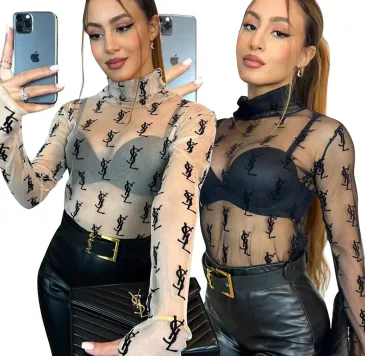 YSL European and American women's cross-border Amazon sexy see-through high-neck long-sleeved flocked high-quality top T-shirt #B64628