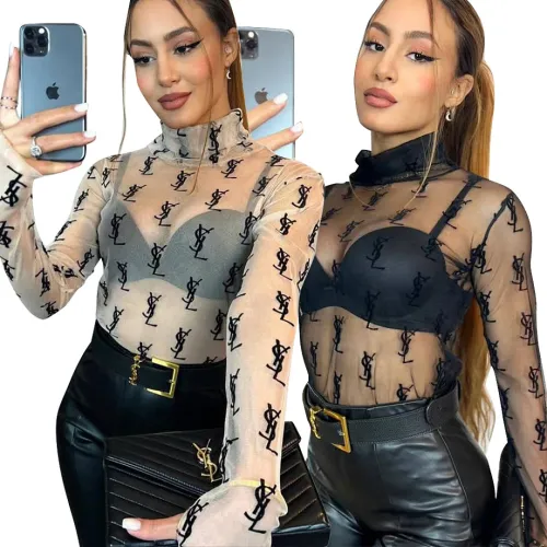 YSL European and American women's cross-border Amazon sexy see-through high-neck long-sleeved flocked high-quality top T-shirt #B64628