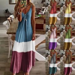 Gradient V-neck Sling Print Dress Bohemian Loose Long Skirt (7 Colors) S-5XL $9.9 #99907124