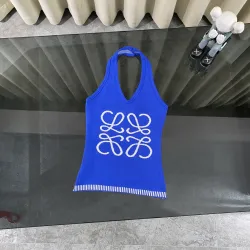 LOEWE Vibrant Blue Knit Halter Top with Iconic White Quatrefoil Motif and Striped Hem for Effortless Chic Style one size #B54178