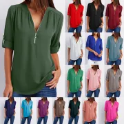 Solid color zipper half-open collar 2021 hot sale women's T-shirt (17 colors) S-5XL-$9.9 #99907106