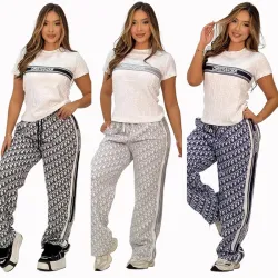 2025 On sale Women's Dior CD Pattern Top and Pants Set with Side Stripe #B47040