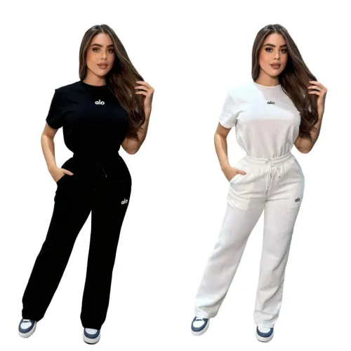 Alo Yoga Women's Loungewear Sets  Signature Logo Design in Black   White with Comfortable Fit for Active Fashionistas #B57305