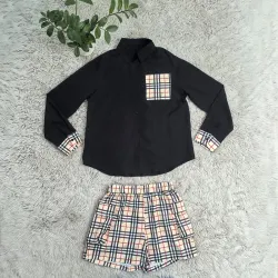Chic Burberry Inspired Plaid Check Shirt & Shorts Matching Set - Women's Elegant Two-Piece Summer Outfit with Classic Design #B54107
