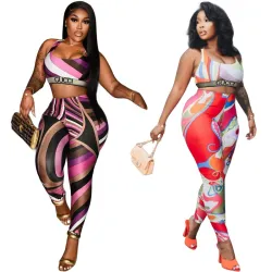 Vibrant Brand G Inspired Abstract Print Sports Bra & Leggings Set - Women's High-Fashion Activewear Ensemble for Bold Style #B54108