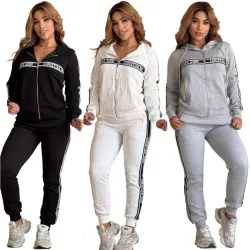 Women's Dior CD Pattern Hoodie and Pants Set with Side Stripe #B47042